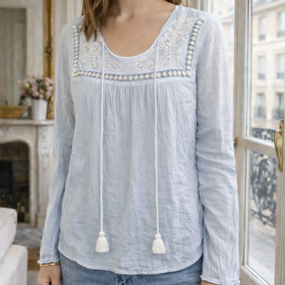 Goodnight Macaroon Blouse Light Blue White Trim Crepe Long Sleeve Boho Tassel